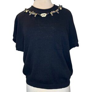 Chaus Women Large Sweater Black Short Sleeve Beaded Necklace Rami Cotton Y2K Got
